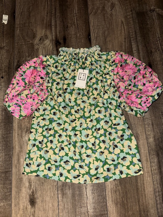 THML Tops - THML Green Floral Blouse with Pink Embroidered Puff Sleeves